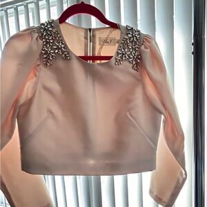 Cream Embellished Crop Top with Blouses Sleeves